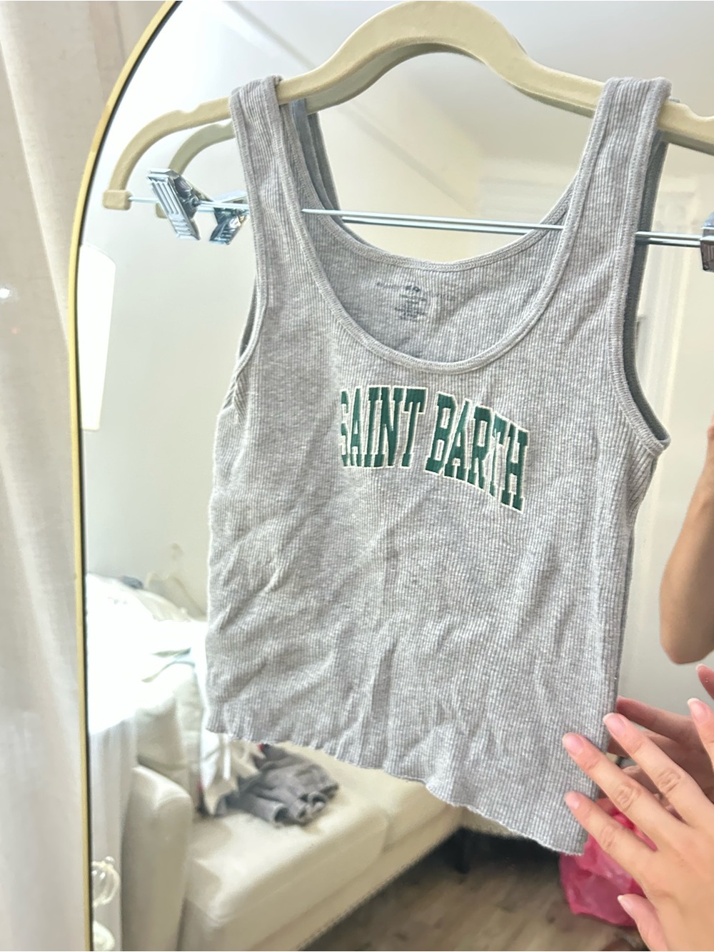 Brandy Melville Grey Ribbed Tank with Green 'Saint Barth' Logo